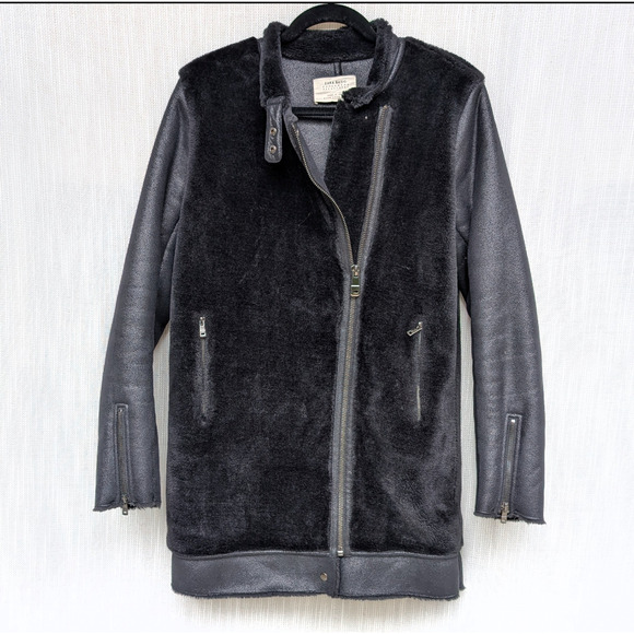 Zara Black Faux Leather Shearling Biker Full Zip Long Sleeve Long Jacket, size M - Picture 1 of 9